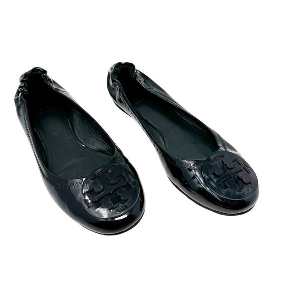 Tory Burch Reva Black Patent Logo Flats Womens Size 9 Ballet Shoes Classic - Picture 1 of 8